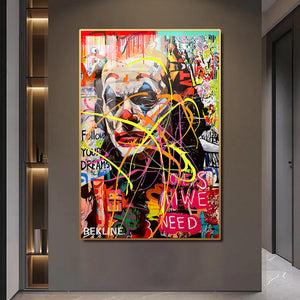 Graffiti Wall Art | Colourful Joker LED Canvas in Gold or Black Frame | 100×150 cm Pop Street Style for Bold Interiors | By REKLINE