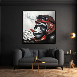 Monkey Canvas Wall Art | LED Pilot Design with Gold or Black Frame | 100×100 cm Retro Pop Decor for Unique Interiors | By REKLINE