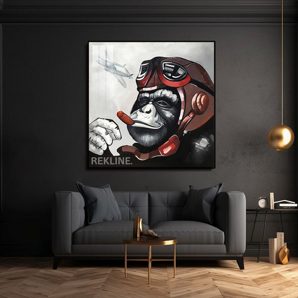 Monkey Canvas Wall Art | LED Pilot Design with Gold or Black Frame | 100×100 cm Retro Pop Decor for Unique Interiors | By REKLINE