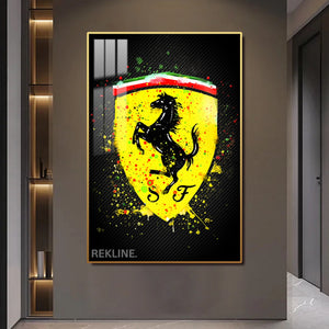 Ferrari Logo LED Canvas | Ferrari Painting | 100×150 cm LED-Illuminated Crystal-Porcelain, Gold/Black Frame | By REKLINE