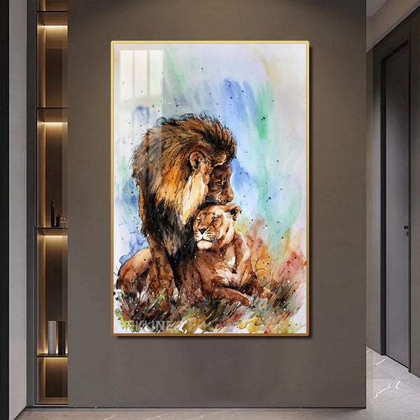 Lion Prints | LED Canvas in Gold Frame | 100×150 cm Elegant Wildlife Wall Art for Nature-Inspired Interiors | By REKLINE