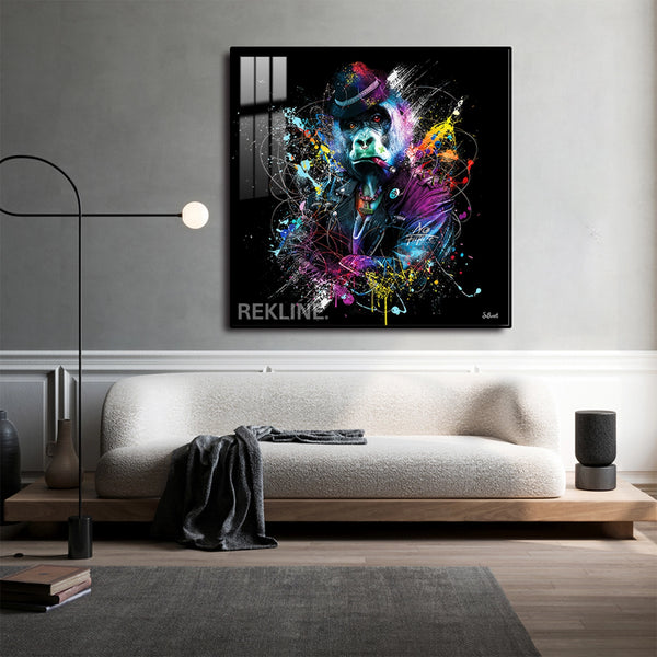 Gorilla Wall Art | LED Canvas in Gold or Black Frame | 100×100 cm Street-Style Print with Bold Colour Splashes | By REKLINE