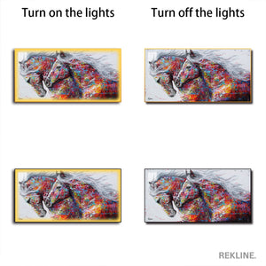 Horse Wall Art | 200×100 cm LED Canvas in Gold or Black Frame | Colourful Statement Piece for Large Spaces | By REKLINE