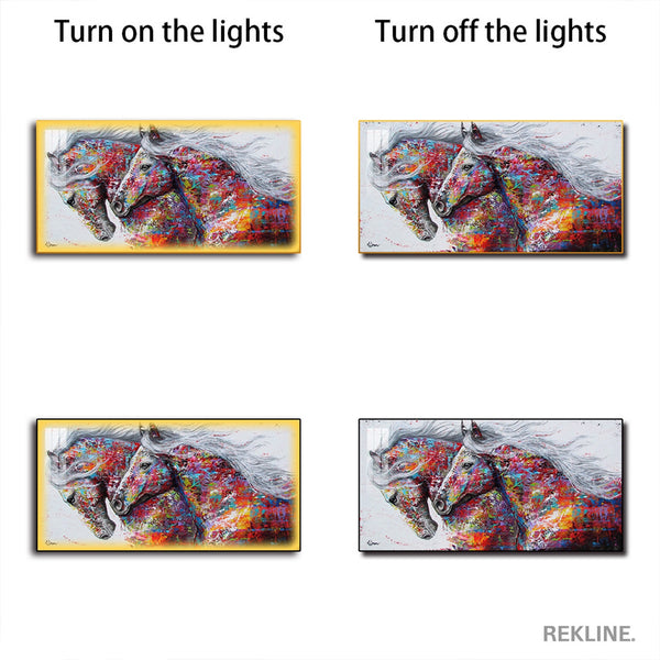 Horse Wall Art | 200×100 cm LED Canvas in Gold or Black Frame | Colourful Statement Piece for Large Spaces | By REKLINE