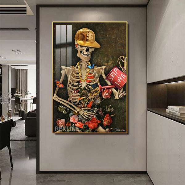 LED Skeleton Canvas Art | Self Love Skeleton Painting | 100×150 cm LED-Illuminated Crystal-Porcelain in Gold Frame | By REKLINE
