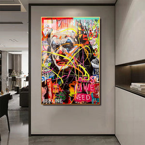 Graffiti Wall Art | Colourful Joker LED Canvas in Gold or Black Frame | 100×150 cm Pop Street Style for Bold Interiors | By REKLINE