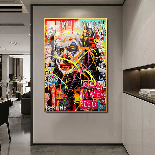Graffiti Wall Art | Colourful Joker LED Canvas in Gold or Black Frame | 100×150 cm Pop Street Style for Bold Interiors | By REKLINE
