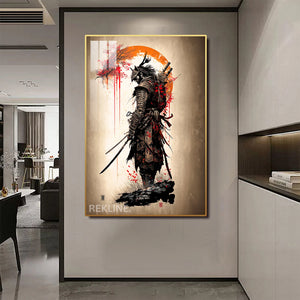 LED-Illuminated Samurai Warrior Canvas | 100×150 cm Crystal-Porcelain Painting, Gold / Black Frame | By REKLINE