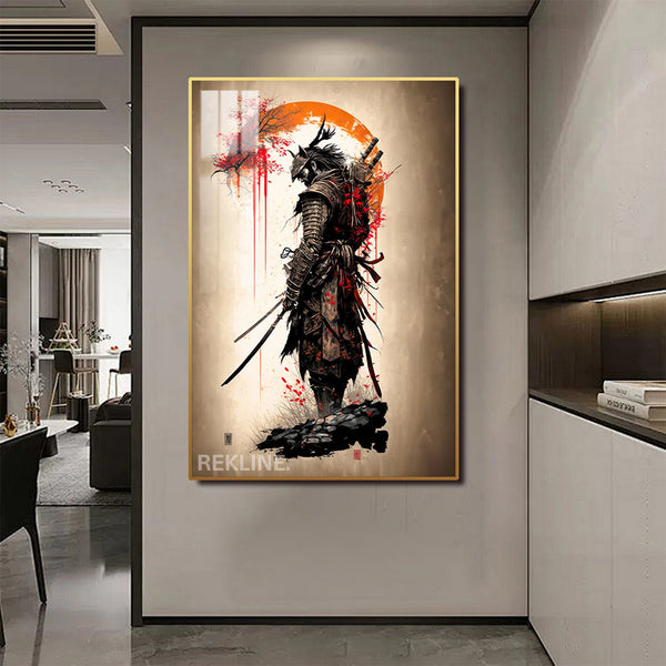 LED-Illuminated Samurai Warrior Canvas | 100×150 cm Crystal-Porcelain Painting, Gold / Black Frame | By REKLINE
