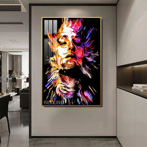 LED-Enhanced Abstract Woman’s Portrait Canvas | Vertical LED Canvas 100×150 cm | Crystal-Porcelain Painting, Gold / Black Frame | By REKLINE