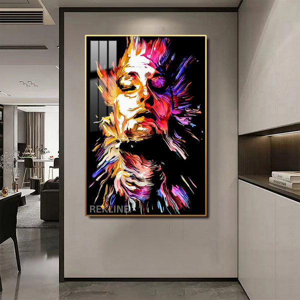 LED-Enhanced Abstract Woman’s Portrait Canvas | Vertical LED Canvas 100×150 cm | Crystal-Porcelain Painting, Gold / Black Frame | By REKLINE