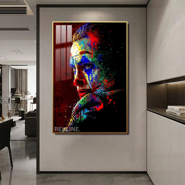 Joker Wall Art | LED Canvas with Splatter Detail & Gold or Black Frame | 100×150 cm Abstract Pop Villain Aesthetic | By REKLINE