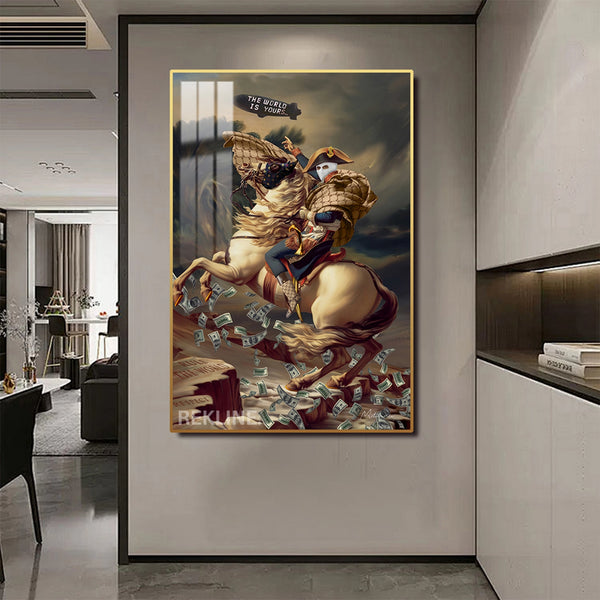 LED Conquest Canvas | “The World Is Yours” Horse & Rider Painting | 100×150 cm LED-Illuminated Crystal-Porcelain, Gold/Black Frame | By REKLINE