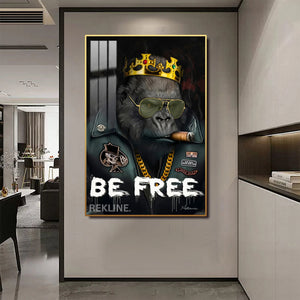 Be Free Gorilla Painting | Vertical LED Canvas 100×150 cm | LED-Illuminated Crystal Porcelain Canvas, Gold/Black Frame | By REKLINE