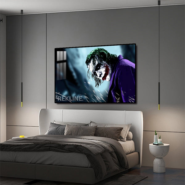 LED-Enhanced Joker Portrait Canvas | Glow in The Dark Horizontal Painting | Horizontal LED Canvas 150×100 cm | Crystal-Porcelain, Gold / Black Frame | By REKLINE