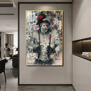 Graffiti Art Prints | LED Monkey Canvas in Gold or Black Frame | 100×150 cm Framed Urban Wall Decor | By REKLINE