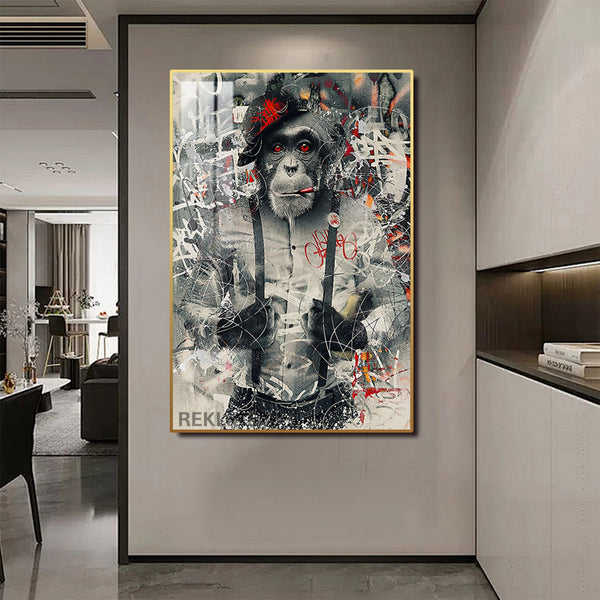 Graffiti Art Prints | LED Monkey Canvas in Gold or Black Frame | 100×150 cm Framed Urban Wall Decor | By REKLINE