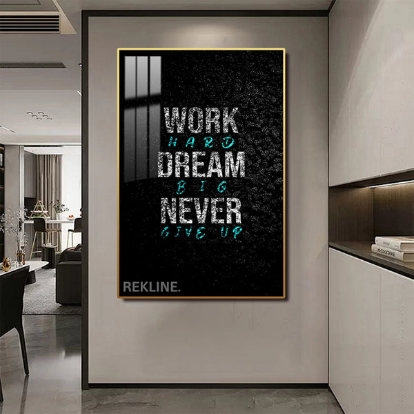 Work Hard Dream Big LED Canvas | 100×150 cm LED-Illuminated Crystal-Porcelain Motivational Painting, Gold/Black Frame | By REKLINE