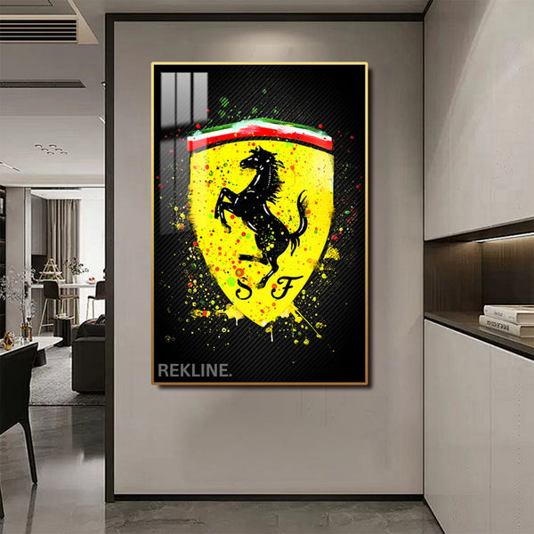 Ferrari Logo LED Canvas | Ferrari Painting | 100×150 cm LED-Illuminated Crystal-Porcelain, Gold/Black Frame | By REKLINE