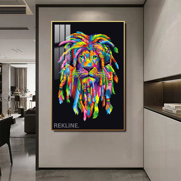 Colourful Lion Canvas | LED Wall Art with Headphones in Gold or Black Frame | 100×150 cm Pop-Inspired Centrepiece | By REKLINE