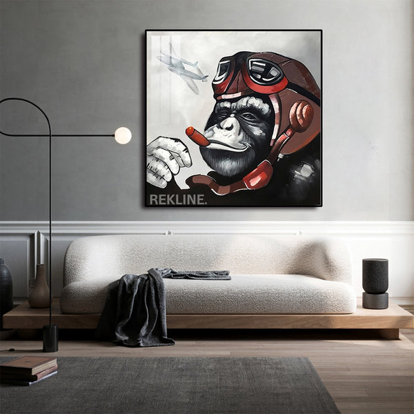 Monkey Canvas Wall Art | LED Pilot Design with Gold or Black Frame | 100×100 cm Retro Pop Decor for Unique Interiors | By REKLINE