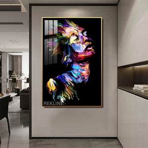 LED-Enhanced Abstract Colorful Woman’s Portrait Canvas | Vertical LED Canvas 100×150 cm | Crystal-Porcelain Painting, Gold / Black Frame | By REKLINE