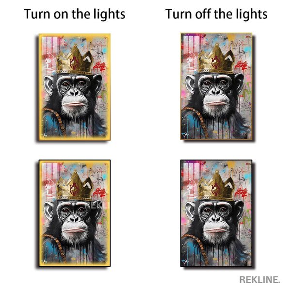 Royal Chimpanzee LED Canvas | Vertical Framed Monkey Pictures 100×150 cm | LED-Illuminated Crystal-Porcelain Chimpanzee Painting, Gold/Black Frame | By REKLINE