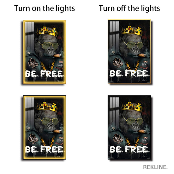 Be Free Gorilla Painting | Vertical LED Canvas 100×150 cm | LED-Illuminated Crystal Porcelain Canvas, Gold/Black Frame | By REKLINE