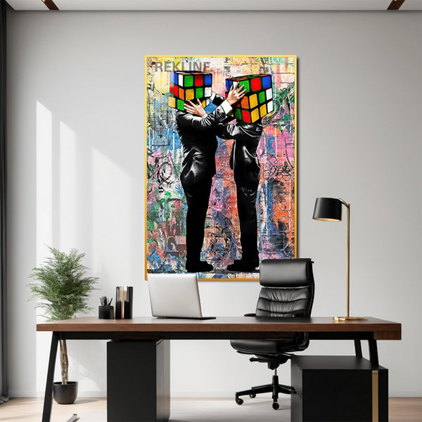 Rubik Cube Heads LED Canvas | 100×150 cm LED-Illuminated Crystal-Porcelain Rubik Cube Painting, Gold/Black Frame | By REKLINE