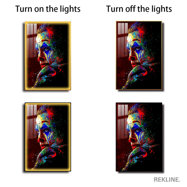 Joker Wall Art | LED Canvas with Splatter Detail & Gold or Black Frame | 100×150 cm Abstract Pop Villain Aesthetic | By REKLINE