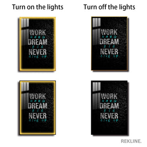 Work Hard Dream Big LED Canvas | 100×150 cm LED-Illuminated Crystal-Porcelain Motivational Painting, Gold/Black Frame | By REKLINE