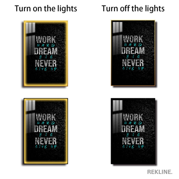 Work Hard Dream Big LED Canvas | 100×150 cm LED-Illuminated Crystal-Porcelain Motivational Painting, Gold/Black Frame | By REKLINE