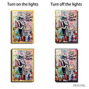 I Will Love You Forever LED Canvas | 100×150 cm LED-Illuminated Crystal-Porcelain Banksy Romantic Street Art Painting, Gold/Black Frame | By REKLINE