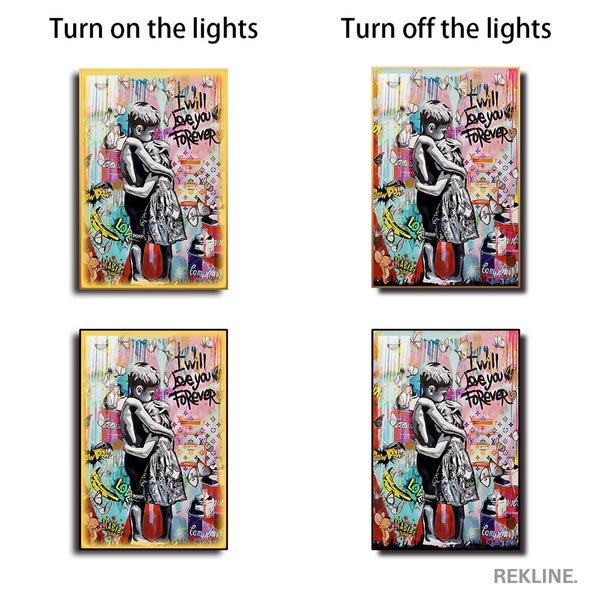 I Will Love You Forever LED Canvas | 100×150 cm LED-Illuminated Crystal-Porcelain Banksy Romantic Street Art Painting, Gold/Black Frame | By REKLINE