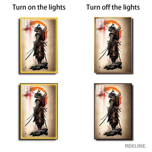 LED-Illuminated Samurai Warrior Canvas | 100×150 cm Crystal-Porcelain Painting, Gold / Black Frame | By REKLINE