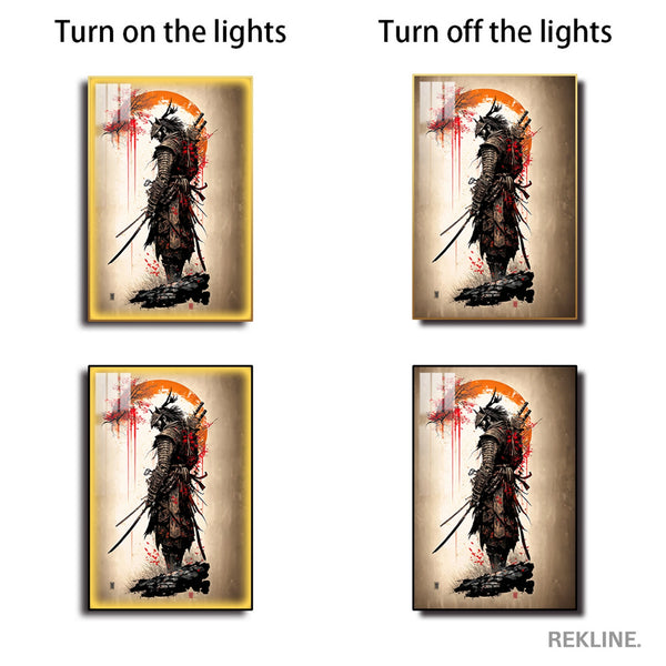 LED-Illuminated Samurai Warrior Canvas | 100×150 cm Crystal-Porcelain Painting, Gold / Black Frame | By REKLINE
