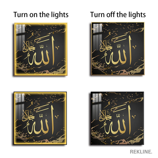 Islamic Wall Art Calligraphy | 100×100 cm Gold Frame with LED Porcelain Finish | Elegant Arabic Script That Elevates Any Room | By REKLINE