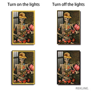 LED Skeleton Canvas Art | Self Love Skeleton Painting | 100×150 cm LED-Illuminated Crystal-Porcelain in Gold Frame | By REKLINE