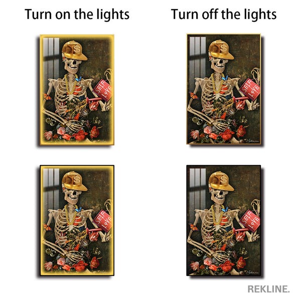 LED Skeleton Canvas Art | Self Love Skeleton Painting | 100×150 cm LED-Illuminated Crystal-Porcelain in Gold Frame | By REKLINE