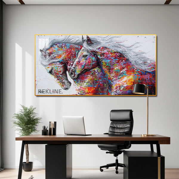 Horse Wall Art | 200×100 cm LED Canvas in Gold or Black Frame | Colourful Statement Piece for Large Spaces | By REKLINE