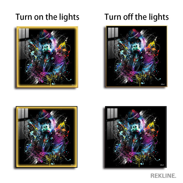 Gorilla Wall Art | LED Canvas in Gold or Black Frame | 100×100 cm Street-Style Print with Bold Colour Splashes | By REKLINE