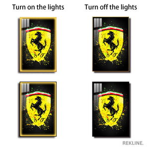 Ferrari Logo LED Canvas | Ferrari Painting | 100×150 cm LED-Illuminated Crystal-Porcelain, Gold/Black Frame | By REKLINE