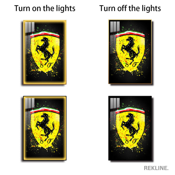 Ferrari Logo LED Canvas | Ferrari Painting | 100×150 cm LED-Illuminated Crystal-Porcelain, Gold/Black Frame | By REKLINE