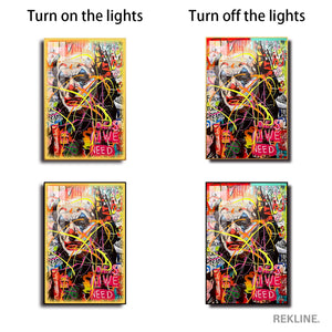 Graffiti Wall Art | Colourful Joker LED Canvas in Gold or Black Frame | 100×150 cm Pop Street Style for Bold Interiors | By REKLINE