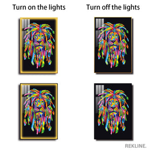 Colourful Lion Canvas | LED Wall Art with Headphones in Gold or Black Frame | 100×150 cm Pop-Inspired Centrepiece | By REKLINE