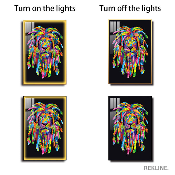 Colourful Lion Canvas | LED Wall Art with Headphones in Gold or Black Frame | 100×150 cm Pop-Inspired Centrepiece | By REKLINE