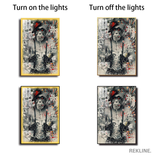 Graffiti Art Prints | LED Monkey Canvas in Gold or Black Frame | 100×150 cm Framed Urban Wall Decor | By REKLINE