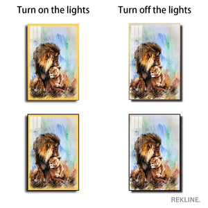 Lion Prints | LED Canvas in Gold Frame | 100×150 cm Elegant Wildlife Wall Art for Nature-Inspired Interiors | By REKLINE