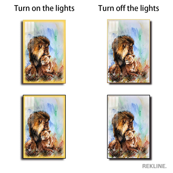 Lion Prints | LED Canvas in Gold Frame | 100×150 cm Elegant Wildlife Wall Art for Nature-Inspired Interiors | By REKLINE