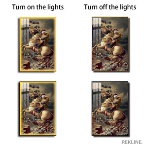 LED Conquest Canvas | “The World Is Yours” Horse & Rider Painting | 100×150 cm LED-Illuminated Crystal-Porcelain, Gold/Black Frame | By REKLINE